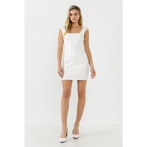 Endless Rose New Womens Cap Padded Sleeve Square Neck Knit Mini Dress White L